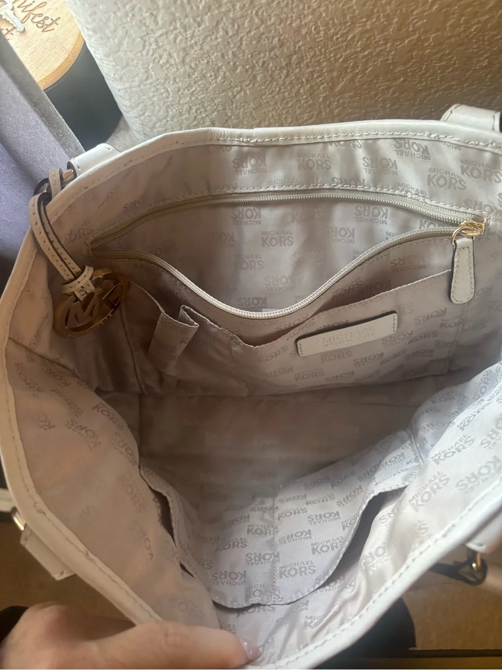 Michael Kors Tan Straw Satchel with White Trim and Gold Hardware
